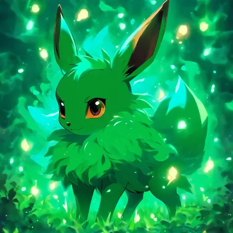 Eevee, sea-green in color with dark green spots, crimson eyes, and a large green flower bulb on back, masterpiece, best quality