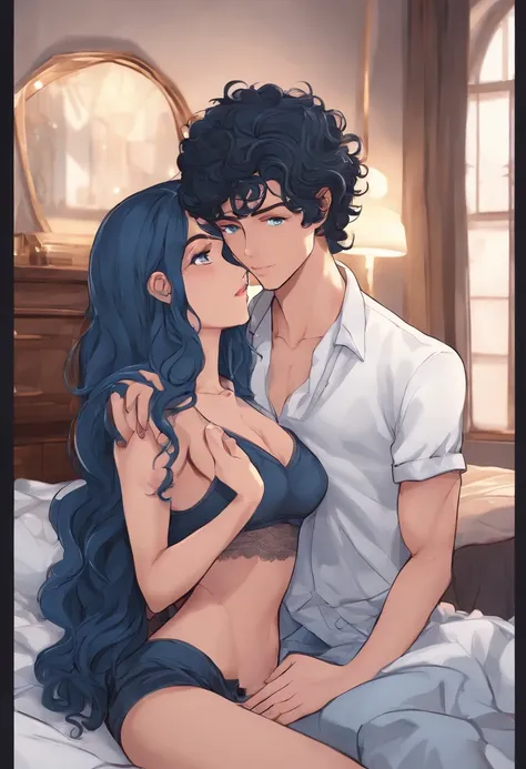 1 girl,long blue curly hair, blue eyes, 1 boy black hair ,blue eyes , both doing sex together , bedroom,absurdres, high res, ultrasharp,
8K, masterpiece, looking at viewer