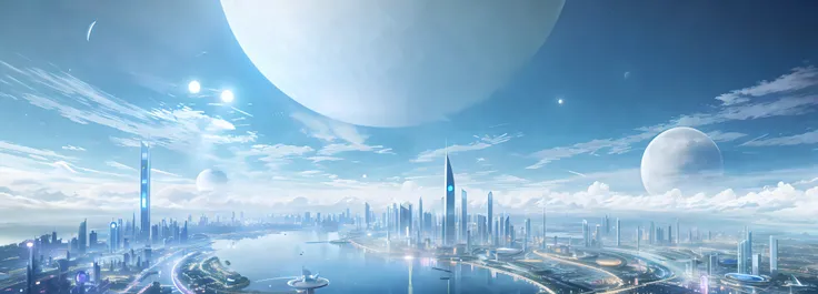 futuristic city with a lake and a giant moon in the sky, vista of futuristic city, beautiful city of the future, planetary city, photo of futuristic cityscape, otherwordly futuristic city, futuristic city in background, futuristic utopian city, futuristic ...