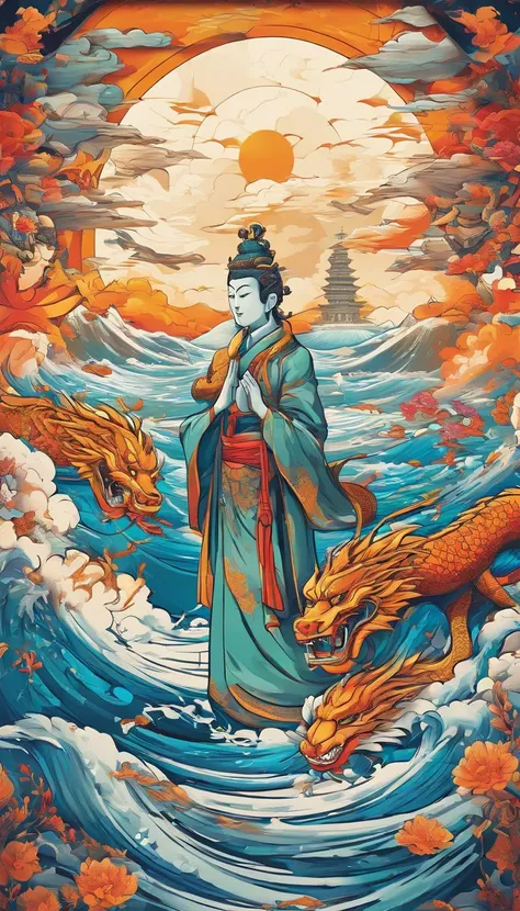 Vickers style, The graphics in the poster design are ocean colors, Chinese dragon in ink painting,, a Buddhist monk praying peacefully, As a water god, Living in the North Sea, Control thunderstorms at sea, an ancient Chinese god, Super sharp,Realistic det...