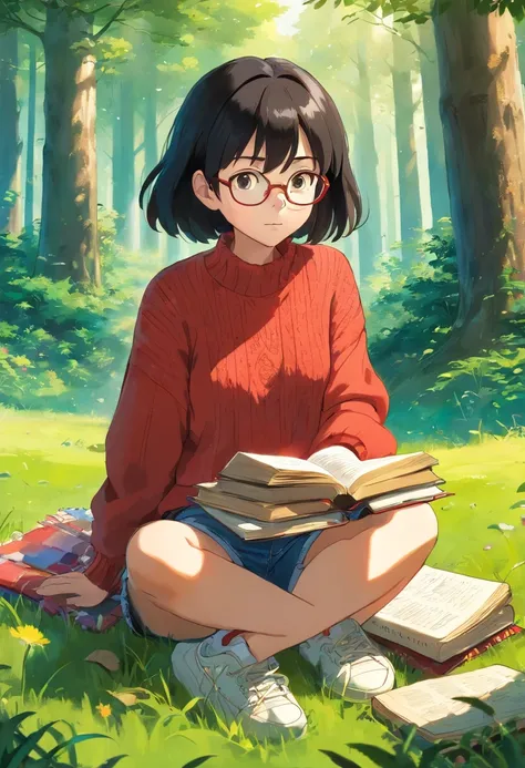 1girl, short black hair, brown eyes, clear glasses, wearing red sweater, short denim shorts, white sneakers, sitting down in open grass field, reading book, next to picnic blanket with stack of books on blanket, tree stump nearby, surrounded by forest, tre...