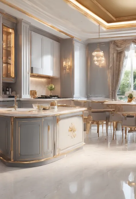 masterpiece, modern kitchen space, luxurious, aristocratic interior design, royal space, ((super detail :1.3))), neoclassical style design, neoclassical interior Modern blend, kitchen interior space with tables and chairs, kitchen details, luxurious aristo...