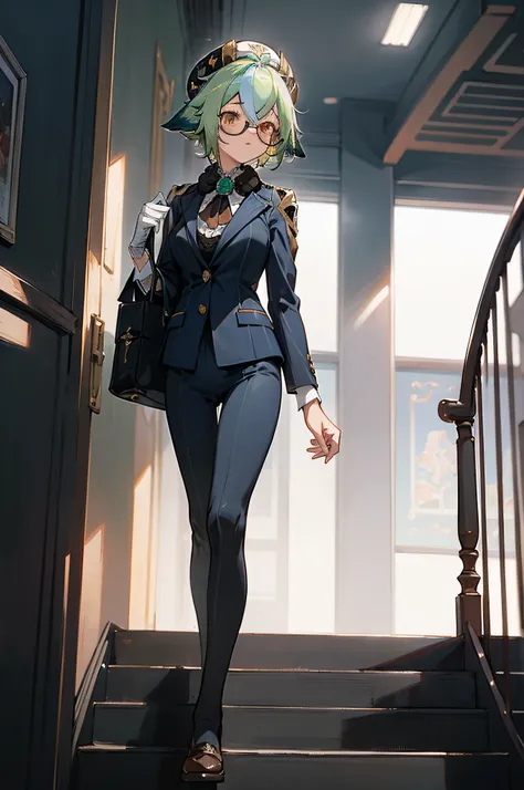 (masterpiece, best quality, detailed),1girl,sucrosedef,green hair,in a suit walking down a flight of stairs, smooth anime cg art...