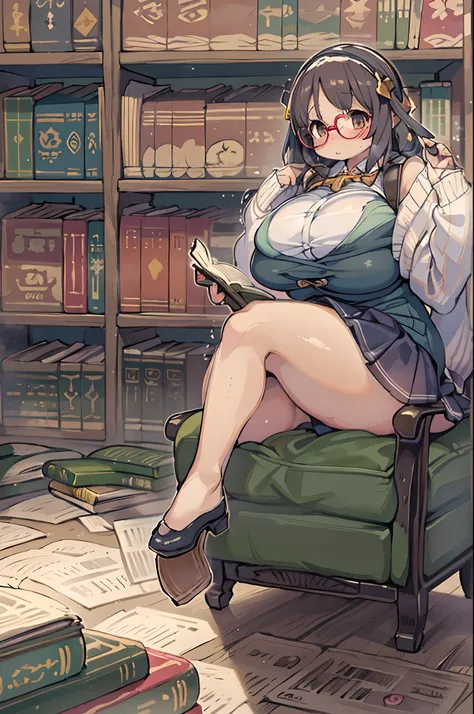 NSFW,Huge library、1 librarian、One Woman、small round glasses、huge-breasted、(((((bbw)))))、pantyshot 、 up skirt、from behind、Panchira,