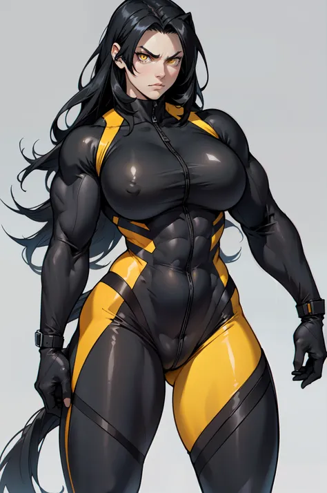 ((grey background)), solo, ((((1 girl)))), very long hair, black hair, angry, yellow eyes, (((((muscular))))), (huge tits), (thick thighs), (wide hips), pale skin, standing, slick hair, (bodysuit)