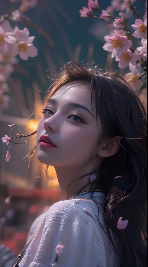 8k, 。...........3D, realista, Ultra Micro Photography, of the highest quality, Super detalle CG Unity 8k,Hermosa mujer  con gotas de agua，neon light，fondo aleatorio，Salida del sol，Bokha mood, cabello largo y suelto，The petals fall in the wind，Nikon Photo E...