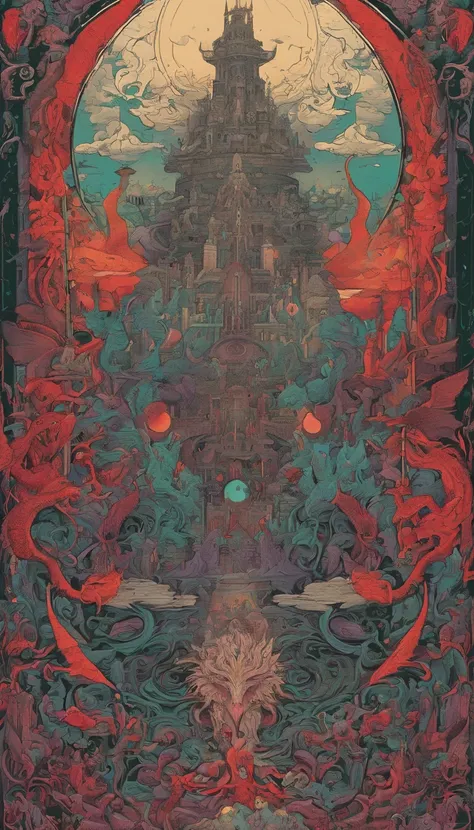 From the depths he emerges, devil, 
The Cthulhus Parade in crimson hues.
Whispers of the otherworldly echo,
A festival where madness and beauty fuse.

In the night sky adorned with abyssal splendor,
Feathers stained with blood dance and soar.
Entwined by t...