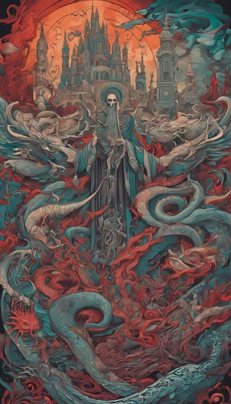 From the depths he emerges, devil, 
The Cthulhus Parade in crimson hues.
Whispers of the otherworldly echo,
A festival where madness and beauty fuse.

In the night sky adorned with abyssal splendor,
Feathers stained with blood dance and soar.
Entwined by t...