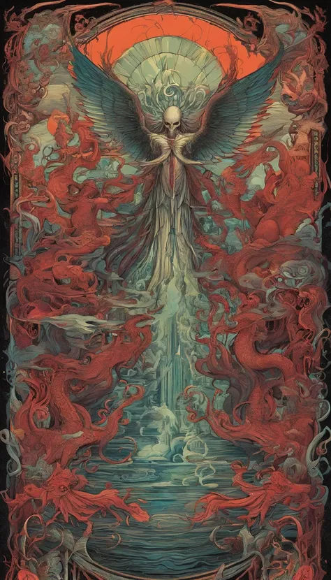 From the depths he emerges, devil, 
The Cthulhus Parade in crimson hues.
Whispers of the otherworldly echo,
A festival where madness and beauty fuse.

In the night sky adorned with abyssal splendor,
Feathers stained with blood dance and soar.
Entwined by t...