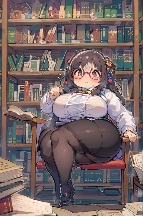 NSFW,Huge library、1 librarian、One Woman、small round glasses、huge-breasted、(((((bbw)))))、pantyshot 、 up skirt、from behind、Panchira、big butts