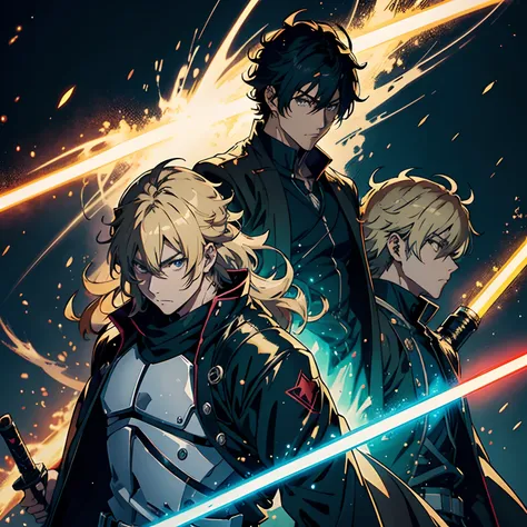 Anime mean avec un light saber gold hilt, Anime visual of an overpowered man, flow anime mean, comat, adult anime man, high quality anime artstyle, anime homme, artwork in the style of Cowboy, beat up. Handsome anime man,Anime Beaugosse, (anime mean), offi...