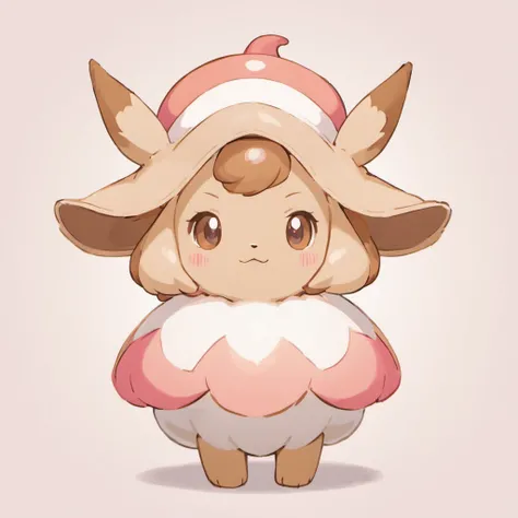 Eevee, white-tan in color with brown lines, a mushroom hat that is white and pink, mushroom shield that is pink and white, masterpiece, best quality