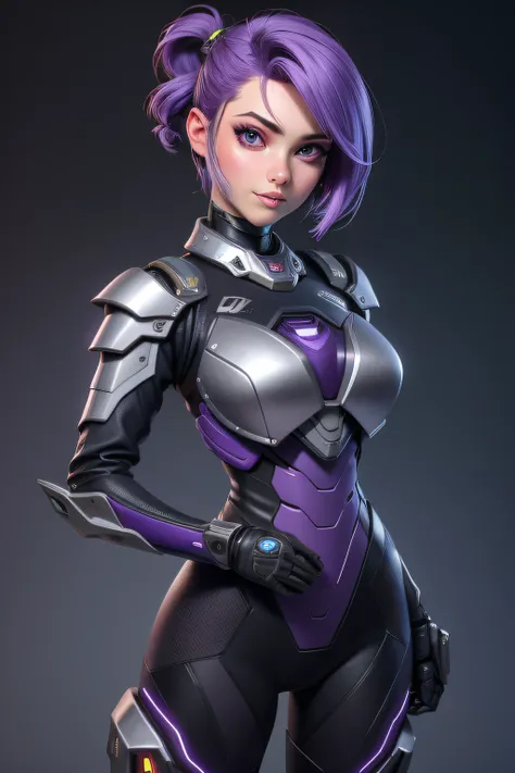 3dmm style,a portrait of a giant [seductress|babe] , science fiction, [(crNanosuit|War_Glam)::0.5], [power armor|armor] ,armored, wearing [(crNanosuit|War_Glam)::0.5]_breastplate, perfect face, pretty face, purple eyes, purple hair, very short hair, flat c...