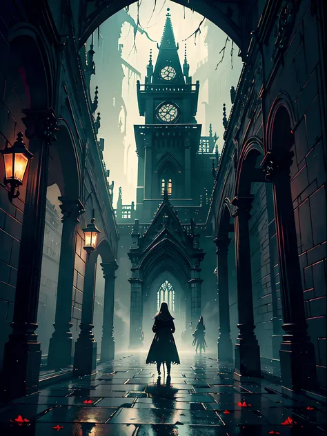 best quality,ultra-detailed,realistic,painting,royal,blood-red,shadow,dark,gloomy,ominous,ancient,dripping with blood,candlelit,imposing,demonic figure,haunting atmosphere,darkened corridors,massive stone pillars,gothic architecture,darkened skies,rainy we...