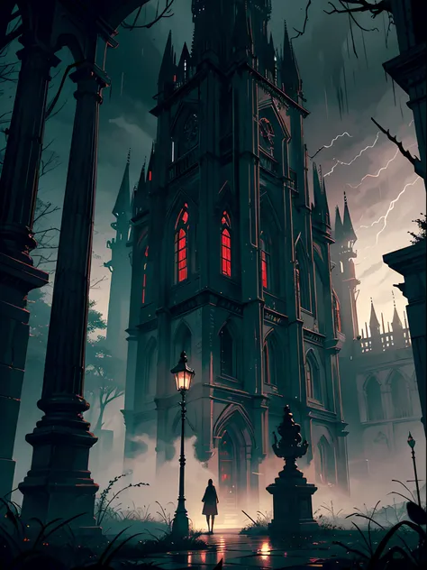 best quality,ultra-detailed,realistic,painting,royal,blood-red,shadow,dark,gloomy,ominous,ancient,dripping with blood,candlelit,imposing,demonic figure,haunting atmosphere,darkened corridors,massive stone pillars,gothic architecture,darkened skies,rainy we...