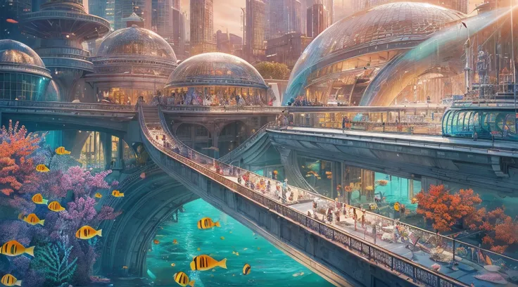 best quality, 4k, 8k, highres, masterpiece:1.2, ultra-detailed, realistic:1.37, underwater morden city, coral reefs, glowing plants, advanced technology, giant glass domes, crystal clear water, breathtaking ultra morden architecture, Modern traffic fish-sh...