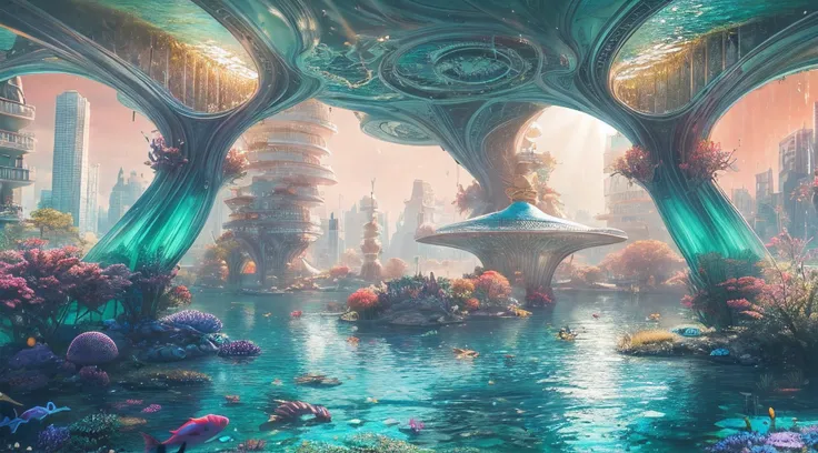 best quality, 4k, 8k, highres, masterpiece:1.2, ultra-detailed, realistic:1.37, underwater morden city, coral reefs, glowing plants, advanced technology, giant glass domes, crystal clear water, breathtaking ultra morden architecture, Modern traffic fish-sh...