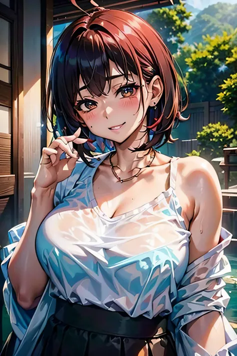 (Hot spring resorts in Japan,Soak shoulder-deep in an open-air bath,)Blushing cheeks、shyly smile、(beautiful a girl)、(short hair of red-brown color、hair pin、poneyTail、Floating hair、)Colossal tits、Blush with embarrassment、Enraptured eyes、A smile that beguile...