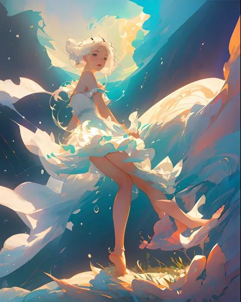 (masterpiece, best quality:1.2), (ultra detailed),(illustration), wallpaper, original,
1girl, messy white hair, spaghetti strap, white dress, bare legs, bare feet, bare arms, space, Earth background, near-earth orbit, full body,
,(surrounded by colorful sp...