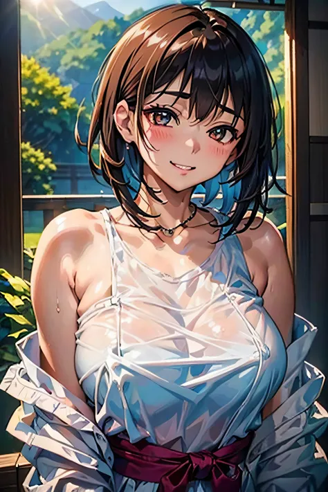 (Hot spring resorts in Japan,Soak shoulder-deep in an open-air bath,)Blushing cheeks、shyly smile、(beautiful a girl)、(short hair of red-brown color、hair pin、poneyTail、Floating hair、)Colossal tits、Blush with embarrassment、Enraptured eyes、A smile that beguile...