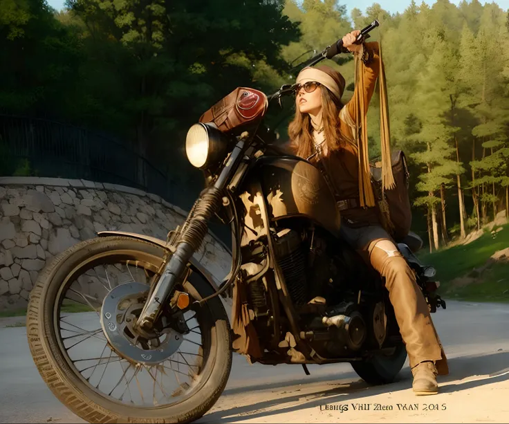 Woman riding a motorcycle, leather chaps, hippy clothes, bedroll on handlebars, 24k resolution, masterpiece, oil art style, hyperdetailed