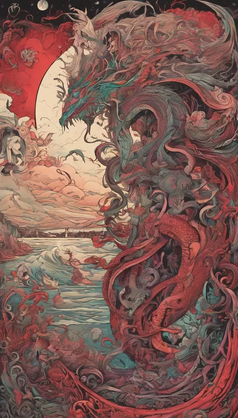 From the depths he emerges, devil, 
The Cthulhus Parade in crimson hues.
Whispers of the otherworldly echo,
A festival where madness and beauty fuse.

In the night sky adorned with abyssal splendor,
Feathers stained with blood dance and soar.
Entwined by t...