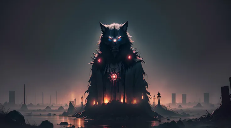 (paisaje nocturno), horror, embrujado, corpses, skulls, Imagen que representa el infierno, necronomicon, Pintura de estilo de imagen, realista, Sombras, Disco duro, alta calidad, Cinematic wolves with glowing eyes