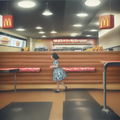 wide shot, in mcdonalds, fashion lomography, by spencer tunick and richard kern, playful repetitions, advertisement inspired, 1950s, contemporary turkish art, material experimentation, grotesque hyperbole, baseline