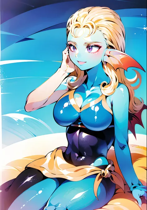 8K,high quality,anime,married woman,beautiful woman,bright,eye highlights,purple eyes,sexy,super big tits,oversized boobs,dark blue nipples,erotic,beautiful line drawing. Blue skin, blue and orange gradient fins, pink swimsuit, sitting on the beach,