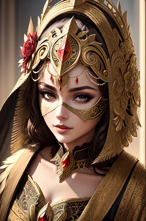 Close-up of feathered masked woman, ornate mask, intricate mask, intricate beautiful faces, ornate mask and fabrics, gorgeous digital art, Karol Buck UHD, beautiful digital artwork, highly detailed 4K digital art, stunning digital illustration, detailed ma...