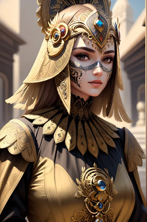 Close-up of feathered masked woman, ornate mask, intricate mask, intricate beautiful faces, ornate mask and fabrics, gorgeous digital art, Karol Buck UHD, beautiful digital artwork, highly detailed 4K digital art, stunning digital illustration, detailed ma...