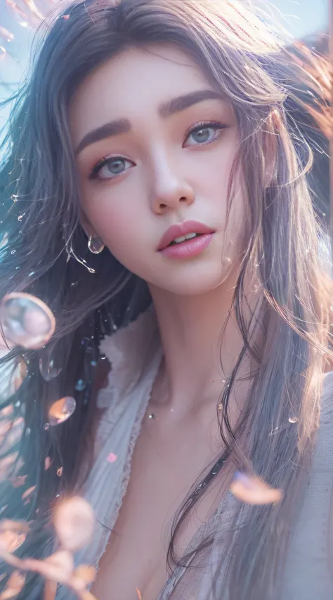 8K, 。...........。.3D, realist, Ultra Micro Photography, of the highest quality, Super Detor CG Unity 8K,Beautiful woman with water droplets，Neon light，random background，sunrises，bokha mood, long and loose hair，Petals fall in the wind，Nikon Photo Effects