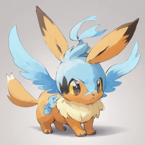 Eevee, very light blue with orange head, light-blue and white wings, black eyes with yellow marking, black and white sparrow-like tail, black bird feet and beak, masterpiece, best quality