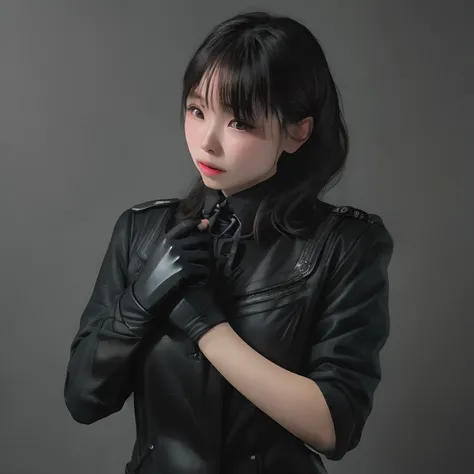 Young Japan woman lifting black suit onto shirt, Black leather gloves worn on both hands, Hands of woman in black suit and black leather gloves in front of you