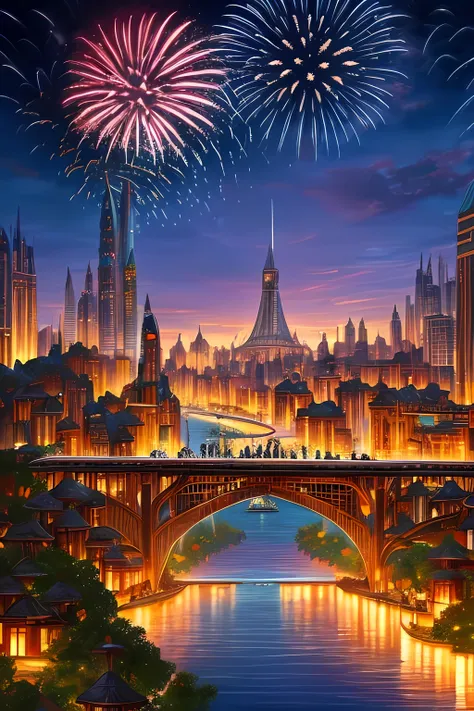 (Masterpiece:1.2), highly intricate details, Final Fantasy 14 style, digital illustration, realisitic, Dynamic Painting, It depicts a bustling city with majestic bridges, Thrown across a wide river, It is surrounded by towering giant mushrooms., Huge lands...