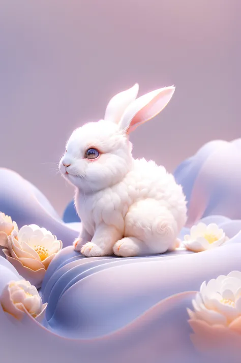 A very cute jade rabbit, Mid-Autumn Festival atmosphere, Silk, (Smooth texture), (Dont feel left to chance), White body, sat on the ground, Looking up, Simple background, (White background :1.5), A masterpiece of pastel colors, Soft material, Best quality,...