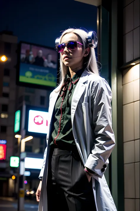 madaraki_fran, street, lab coat, cyberpunk, neon, night, cyberpunk sunglassess