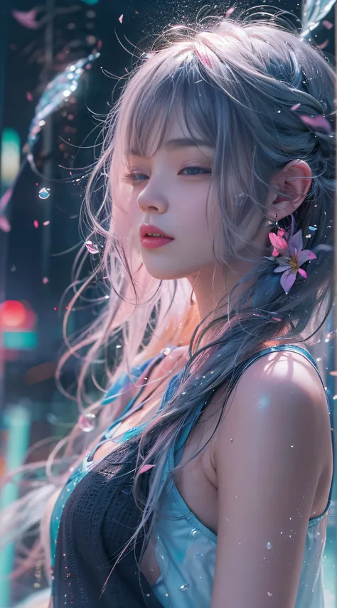 8K, 。...........。.。.3D, realist, Ultra Micro Photography, of the highest quality, Super Detar CG Unity 8K,Beautiful woman with water droplets，Neon light，Random background，sunrises，bokha mood, long and loose hair，Petals fall in the wind，Nikon Photo Effects