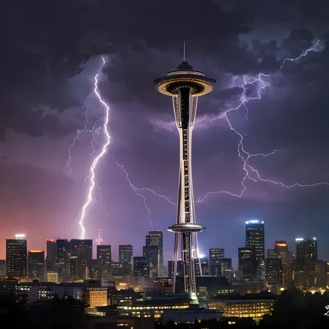 Isekai Space Needle、Space Needle of the near future、Space Needle、landmark、thunder clouds、lightning bolt、thunderstyle, simple purple background,　Space Needle floating in the night view of Seattle、