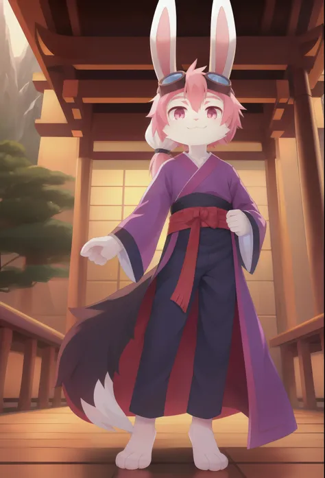 Furry shota, young, rabbit, long rabbit ears, pink hair, long spiky ponytail, spiky hair, detailed body fur, Pink eyes, purple kimono, hakama pants, goggles, masterpiece, looking at you, white body fur, detailed face, big eyebrows, detailed eyes, detailed ...