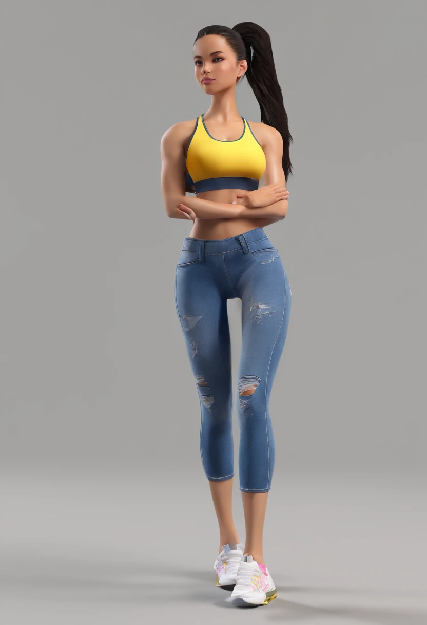 1 girl, solo, crop top, short jeans, ponytail, sport, gym