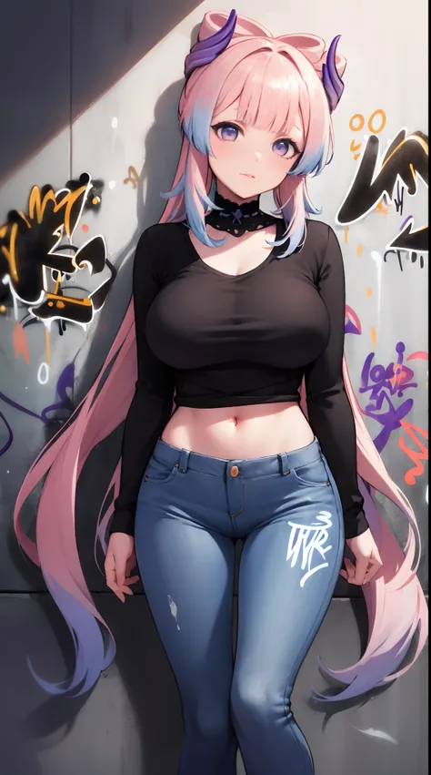 Sankonomiya|Kokomi Genshin Effects, master-piece, bestquality, 1girls,20 age, Double tail hairstyle, proportional body, Long Jeans, oversized breasts, ,bara, (Graffiti:1.5), Splash with purple lightning pattern., arm behind back, against wall, View viewers...