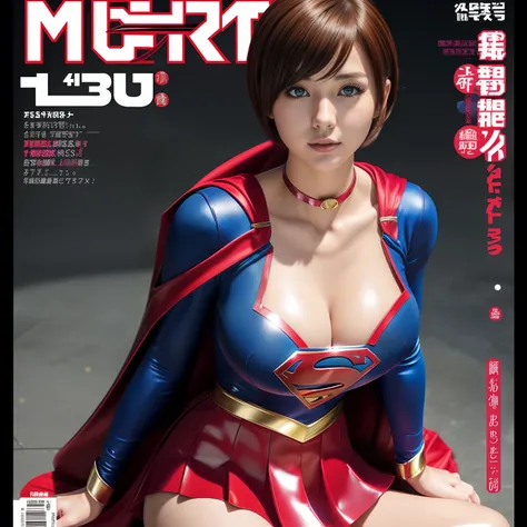 (Best Quality,4K,8K,hight resolution,masutepiece:1.2),Ultra-detailed,Realistic:1.37,Super masterpiece,Short-haired Supergirl、large full breasts、Looking at the camera、Glossy costume、a choker、Too short miniskirt、Magazine covers、tankobon、Seated Pose