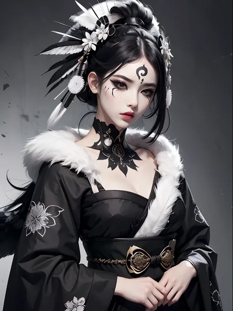 Kimono with black and white marble pattern、a lot of black feathers on the head,,,,,,,、Black eyeliner and black eyeshadow、A detailed face、detailed facial expression、Shoot from the waist up、Dynamic Posing、Fancy makeup、Fancy face paint、See-through stall、