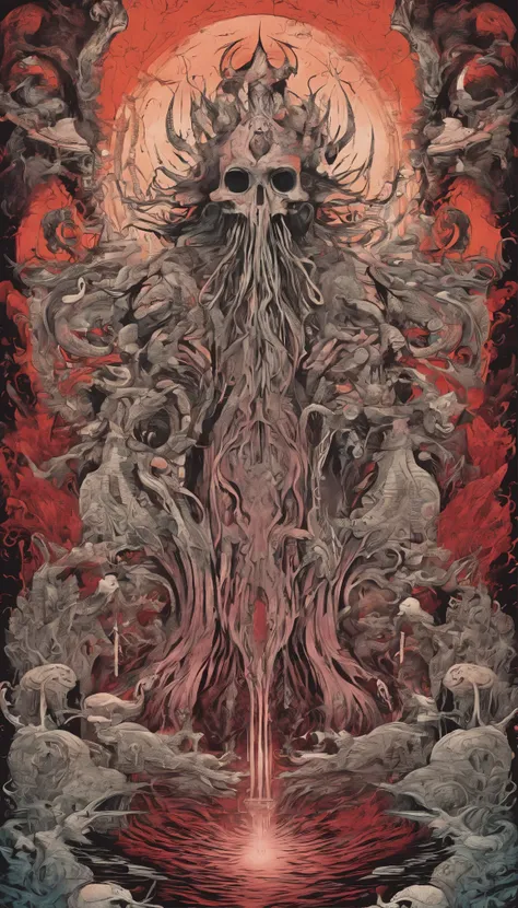 From the depths he emerges, devil, 
The Cthulhus Parade in crimson hues.
Whispers of the otherworldly echo,
A festival where madness and beauty fuse.

In the night sky adorned with abyssal splendor,
Feathers stained with blood dance and soar.
Entwined by t...