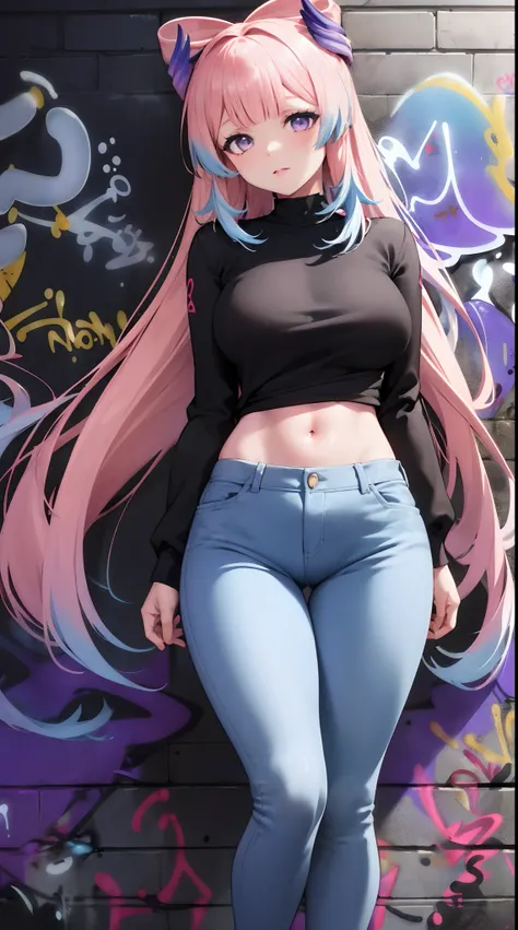 Sankonomiya|Kokomi Genshin Effects, master-piece, bestquality, 1girls,20 age, Double tail hairstyle, proportional body, Long Jeans, oversized breasts, ,bara, (Graffiti:1.5), Splash with purple lightning pattern., arm behind back, against wall, View viewers...