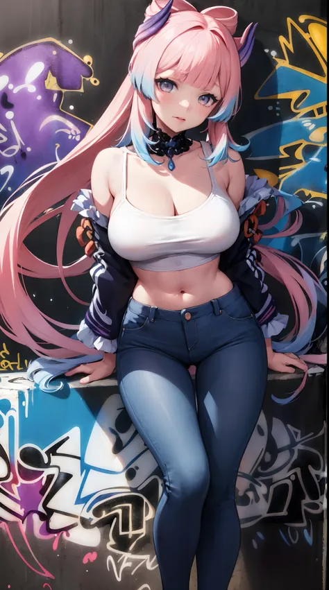 Sankonomiya|Kokomi Genshin Effects, master-piece, bestquality, 1girls,20 age, Double tail hairstyle, proportional body, Long Jeans, oversized breasts, ,bara, (Graffiti:1.5), Splash with purple lightning pattern., arm behind back, against wall, View viewers...