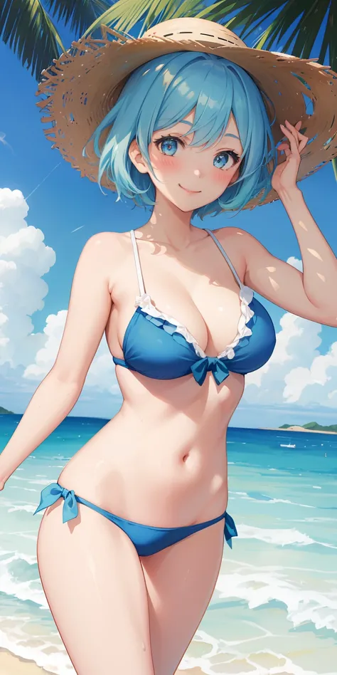 1girl. , short hair,  light blue hair, swimsuit, blush, smiling, on the beach, straw hat, glowing, sidelighting, wallpaper.