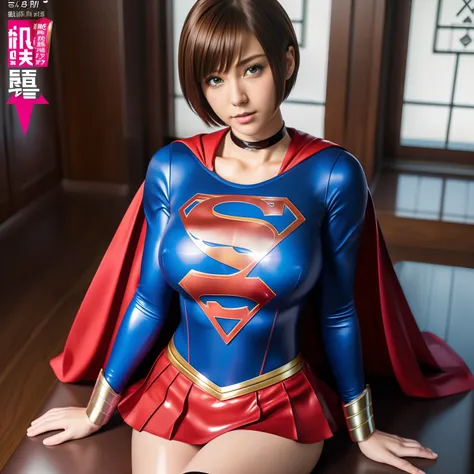 (Best Quality,4K,8K,hight resolution,masutepiece:1.2),Ultra-detailed,Realistic:1.37,Super masterpiece,Short-haired Supergirl、large full breasts、Looking at the camera、Glossy costume、a choker、Too short miniskirt、Magazine covers、Shonen Magazine、Seated Pose