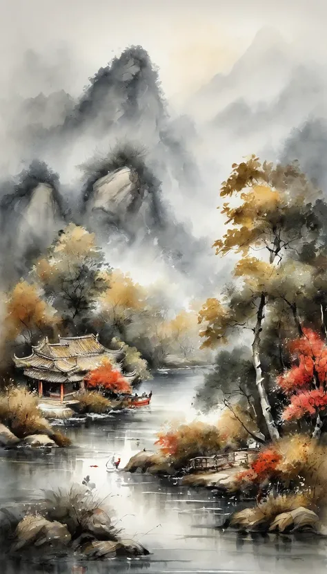 Chinese landscape painting，ink and watercolor painting，water ink，ink，Smudge，Faraway view，Ultra-wide viewing angle，Meticulous，gym，Faraway view，Meticulous，Smudge，low-saturation，Low contrast，Hangzhou Asian Games，Beautifully depicted，A detailed，acurate，Works o...